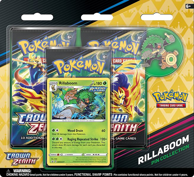 Pokemon Crown Zenith - Pin Collection Blister: Rillaboom (3 Boosters)
